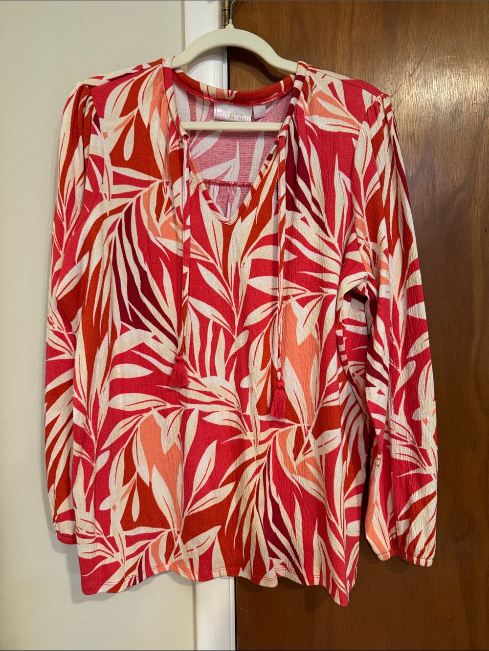 Kim Gravel Packabelle Pink, Coral & Ivory Leaf-Print tie neck top
